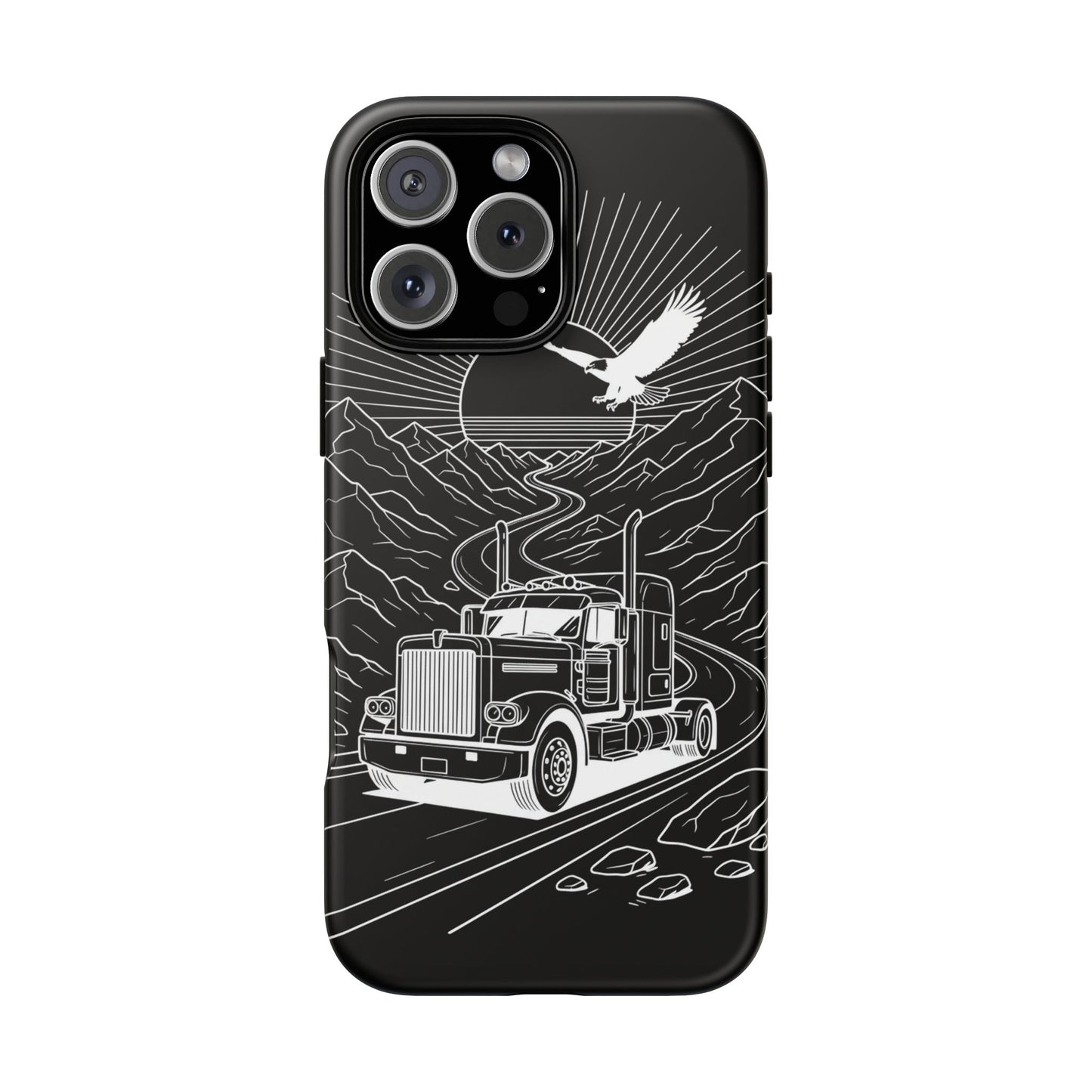 Trucker Highway Phone Case | Eagle & Mountain Line Art | Black Western Tough Case