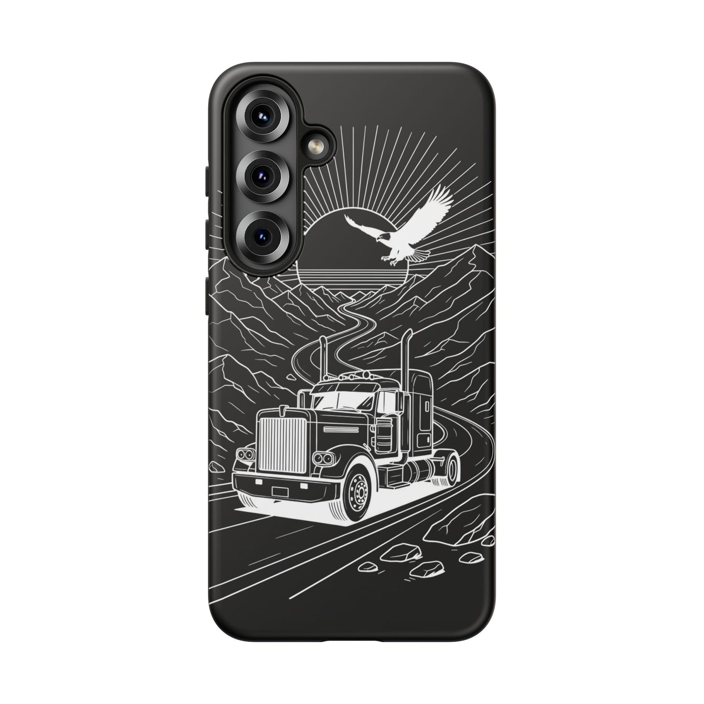 Trucker Highway Phone Case | Eagle & Mountain Line Art | Black Western Tough Case