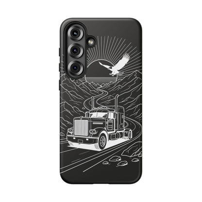 Trucker Highway Phone Case | Eagle & Mountain Line Art | Black Western Tough Case