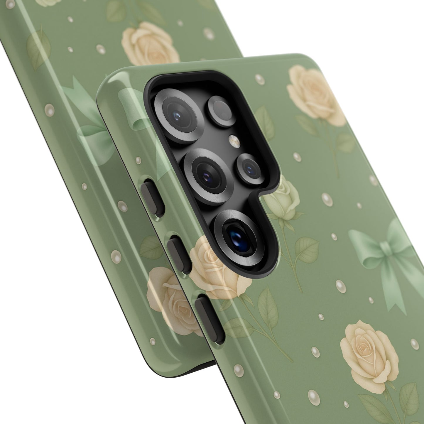 Vintage Rose Bow Phone Case – Sage Green Floral Coquette Aesthetic Tough Case (iPhone, Samsung, Pixel)