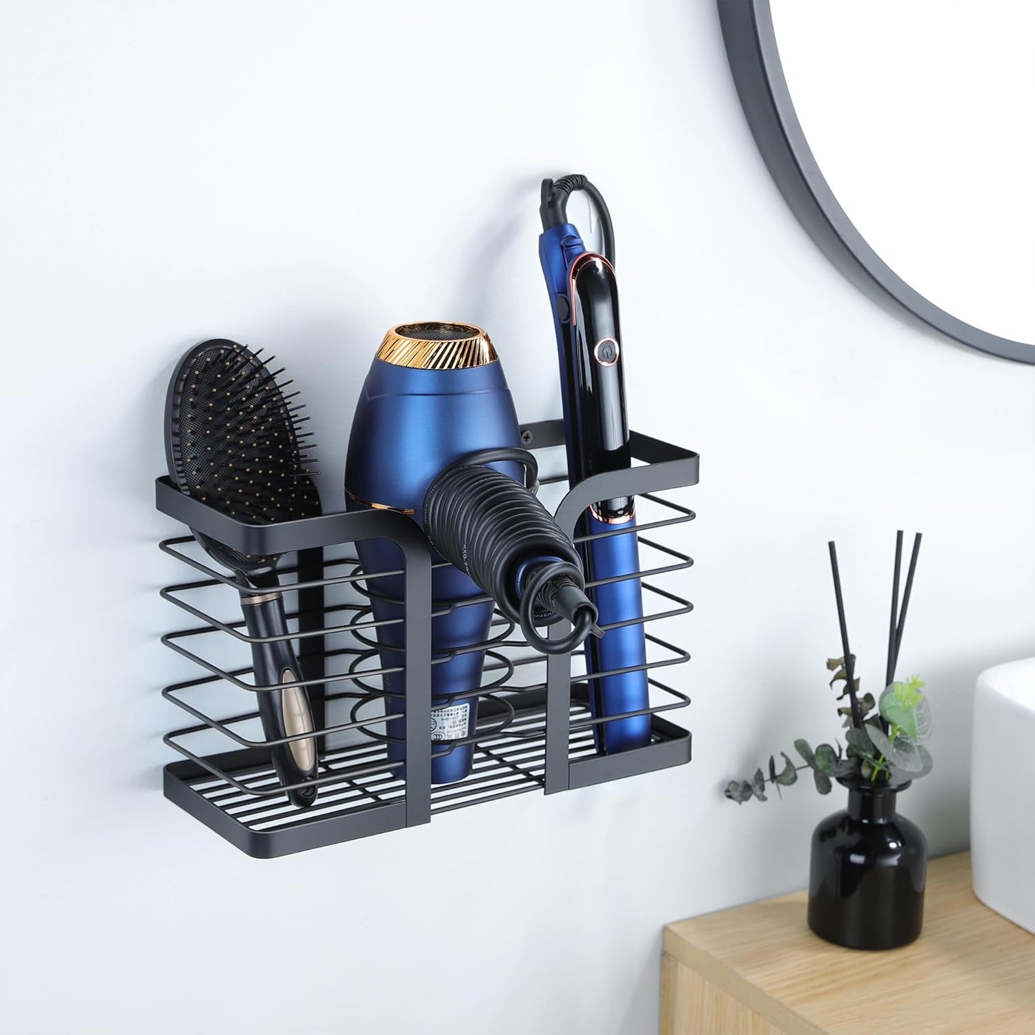 Hair Dryer Holder - Hair Tool Organizer 3-In-1 Blow Dryer Holder Adjustable Height, Bathroom Organizer Wall Mounted/Cabinet Door for Flat/Curling Irons, Hair Straighteners
