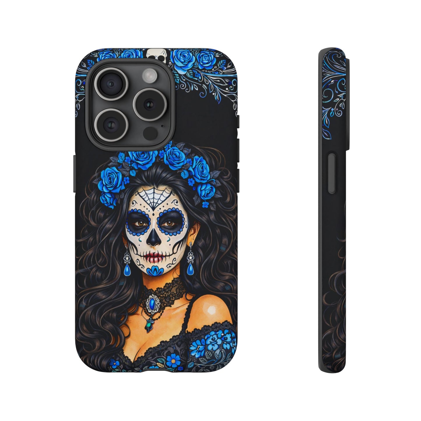 Blue Sugar Skull Woman Phone Case – Day of the Dead Aesthetic Tough Cover