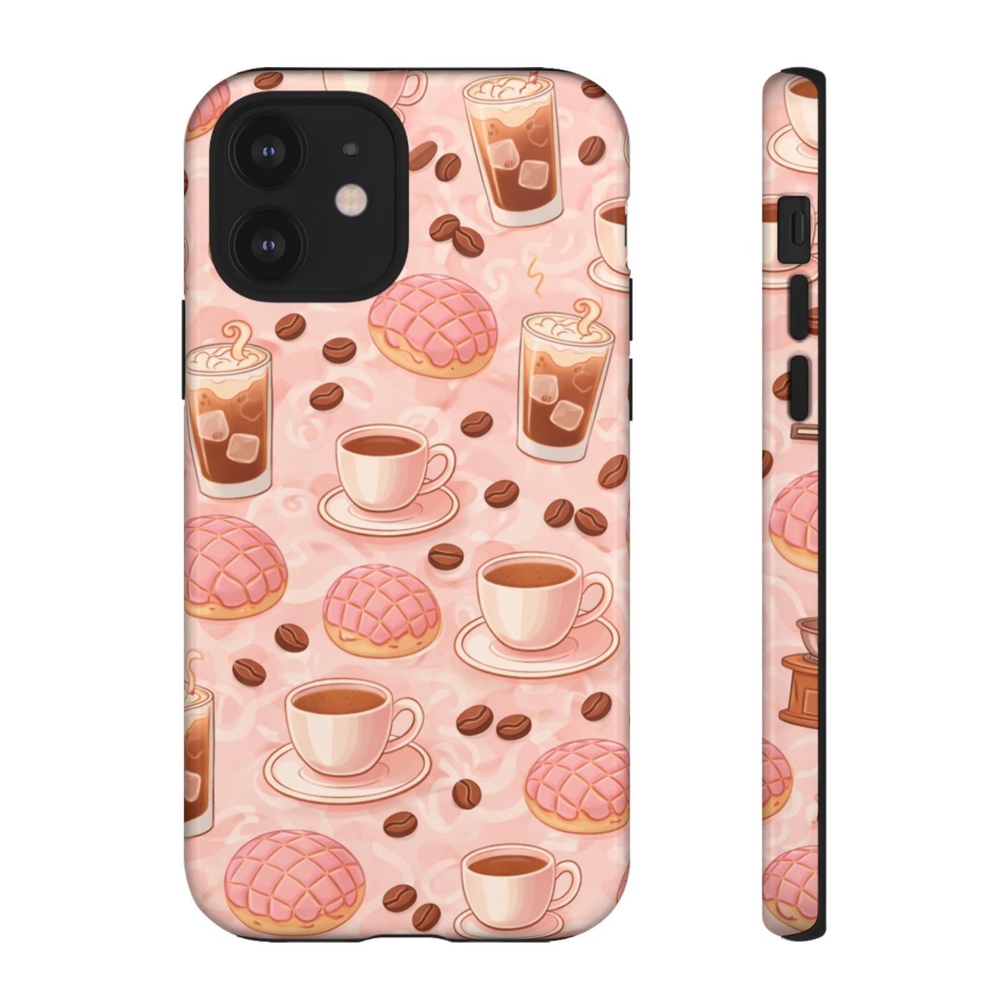 Cute Coffee & Pink Concha Phone Case – Coffee Lover Aesthetic Latte Pattern Tough Case