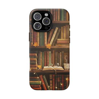 Cozy Vintage Bookshelf Phone Case, Library Aesthetic Book Stack, Autumn Coffee Vibes (iPhone, Samsung, Pixel)