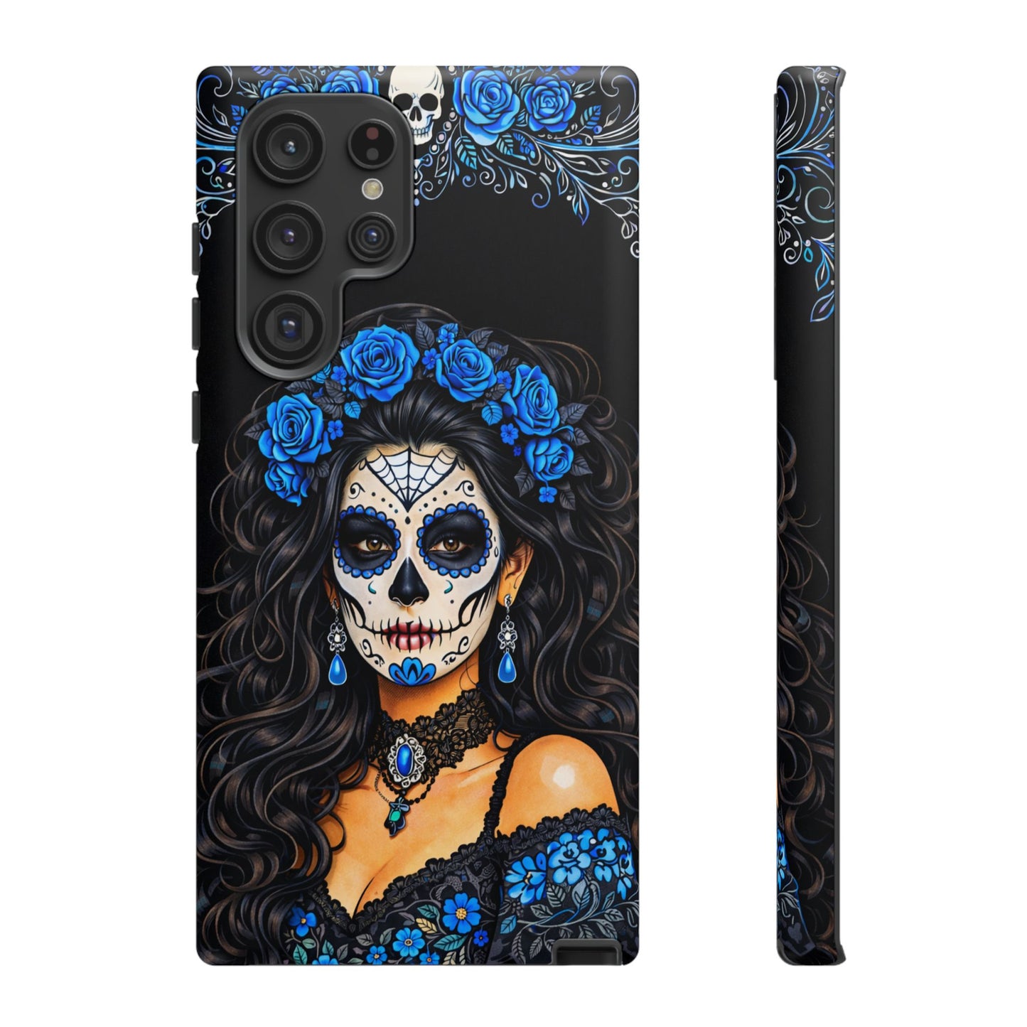 Blue Sugar Skull Woman Phone Case – Day of the Dead Aesthetic Tough Cover