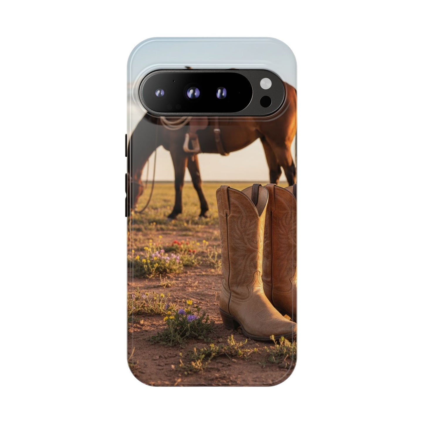Western Cowboy Boots Phone Case – Rustic Horse Sunset Tough Case (iPhone, Samsung, Pixel)
