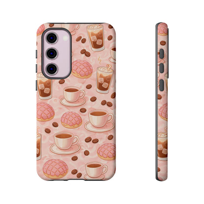 Cute Coffee & Pink Concha Phone Case – Coffee Lover Aesthetic Latte Pattern Tough Case