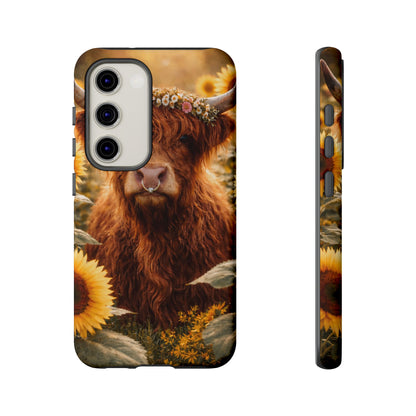 Highland Cow Sunflower Phone Case | Floral Farmhouse iPhone, Samsung Galaxy and Pixel Cover