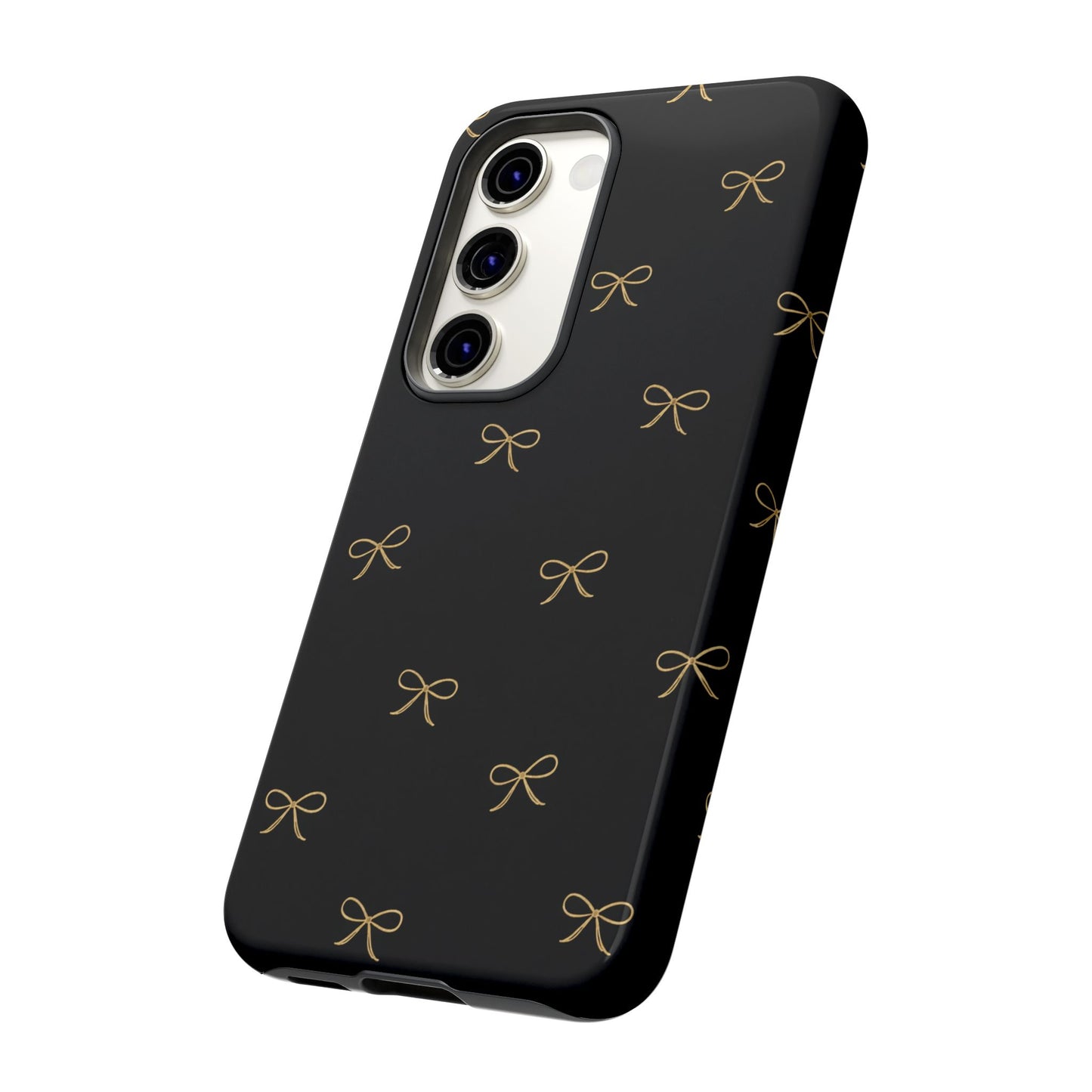 Black Phone Case with Gold Bow Pattern – Slim Protective Cute Aesthetic Cover for Iphone, Samsung Galaxy and Pixel