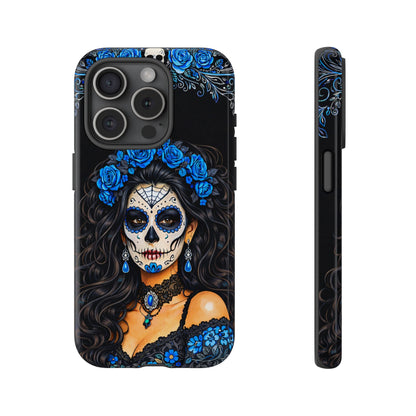 Blue Sugar Skull Woman Phone Case – Day of the Dead Aesthetic Tough Cover