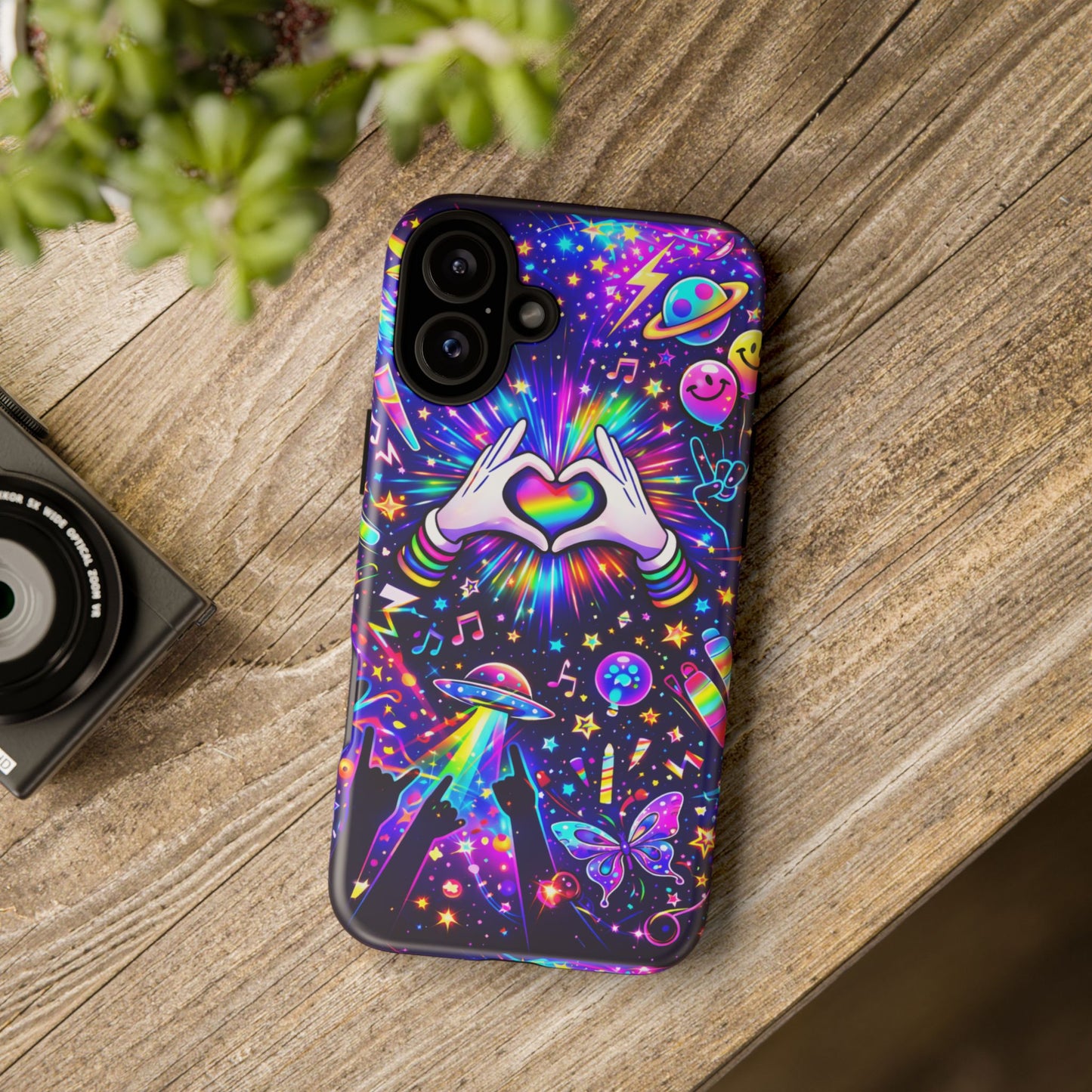 Rainbow Heart Hands Phone Case – Neon Galaxy EDM Festival Tough Cover