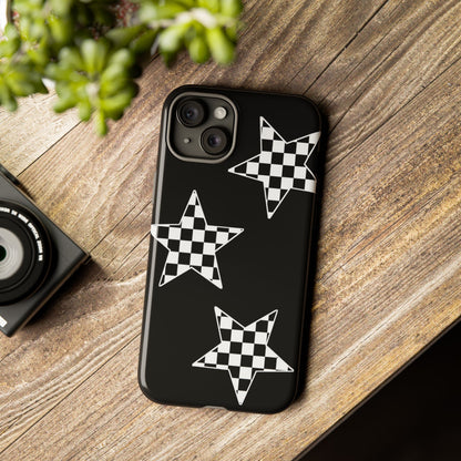 Checkered Star Tough Phone Case – Black Retro Graphic Protective Cover for Iphone, Samsung Galaxy and Pixel