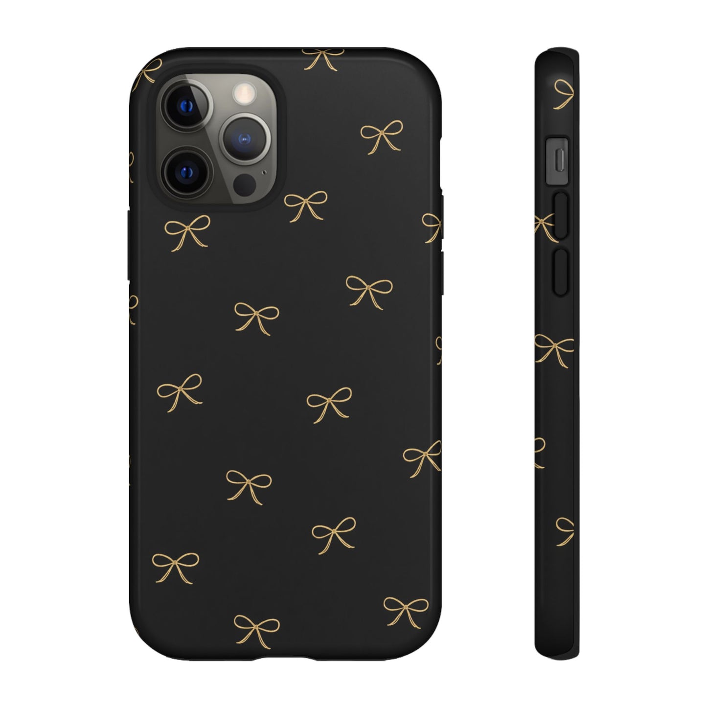 Black Phone Case with Gold Bow Pattern – Slim Protective Cute Aesthetic Cover for Iphone, Samsung Galaxy and Pixel