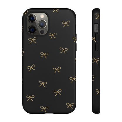 Black Phone Case with Gold Bow Pattern – Slim Protective Cute Aesthetic Cover for Iphone, Samsung Galaxy and Pixel