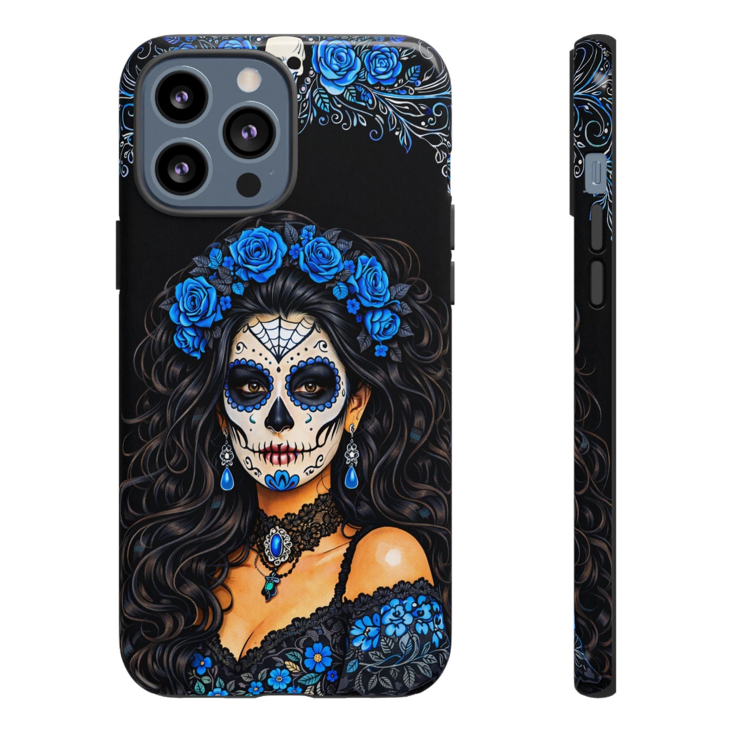 Blue Sugar Skull Woman Phone Case – Day of the Dead Aesthetic Tough Cover