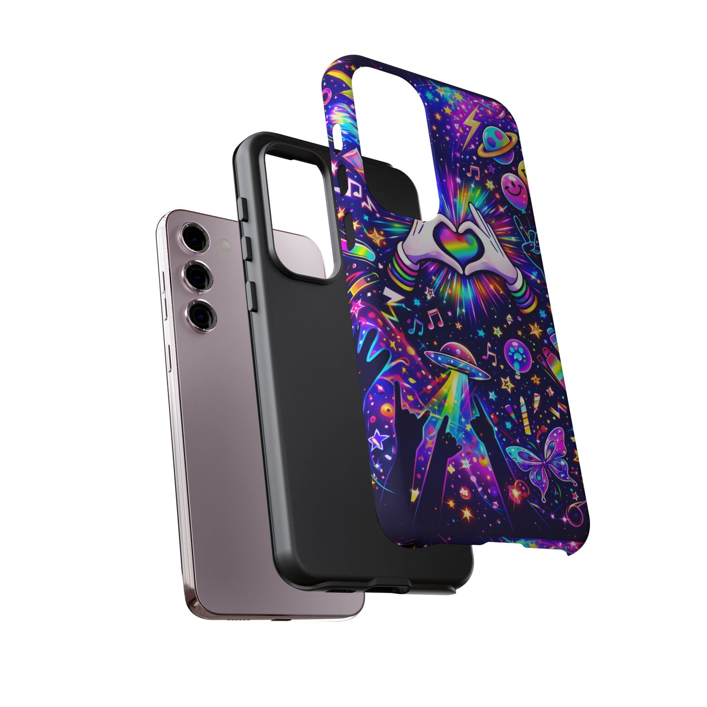 Rainbow Heart Hands Phone Case – Neon Galaxy EDM Festival Tough Cover