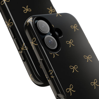 Black Phone Case with Gold Bow Pattern – Slim Protective Cute Aesthetic Cover for Iphone, Samsung Galaxy and Pixel