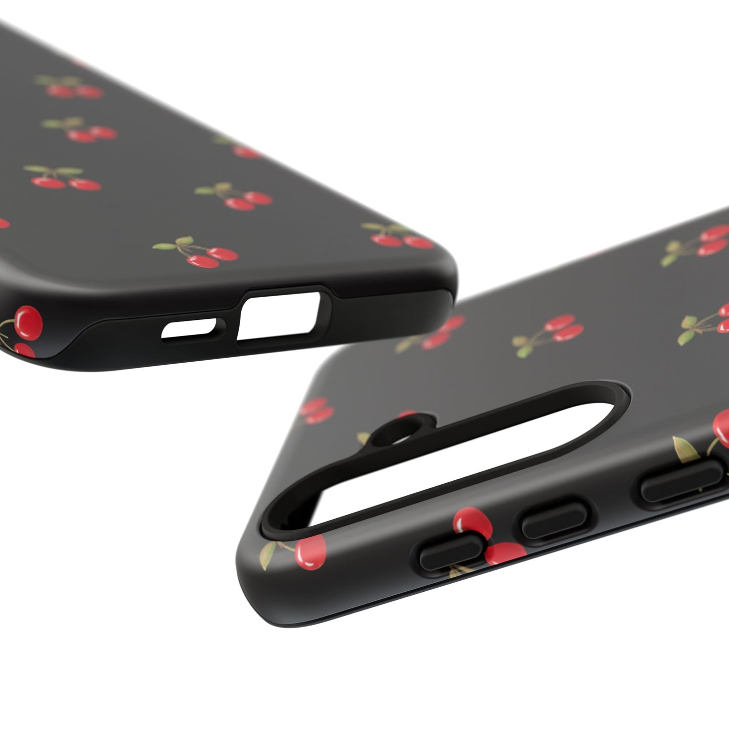 Cherry Pattern Phone Case — Slim Black Protective iPhone Case with Red Cherries for Iphone, Samsung Galaxy and Pixel