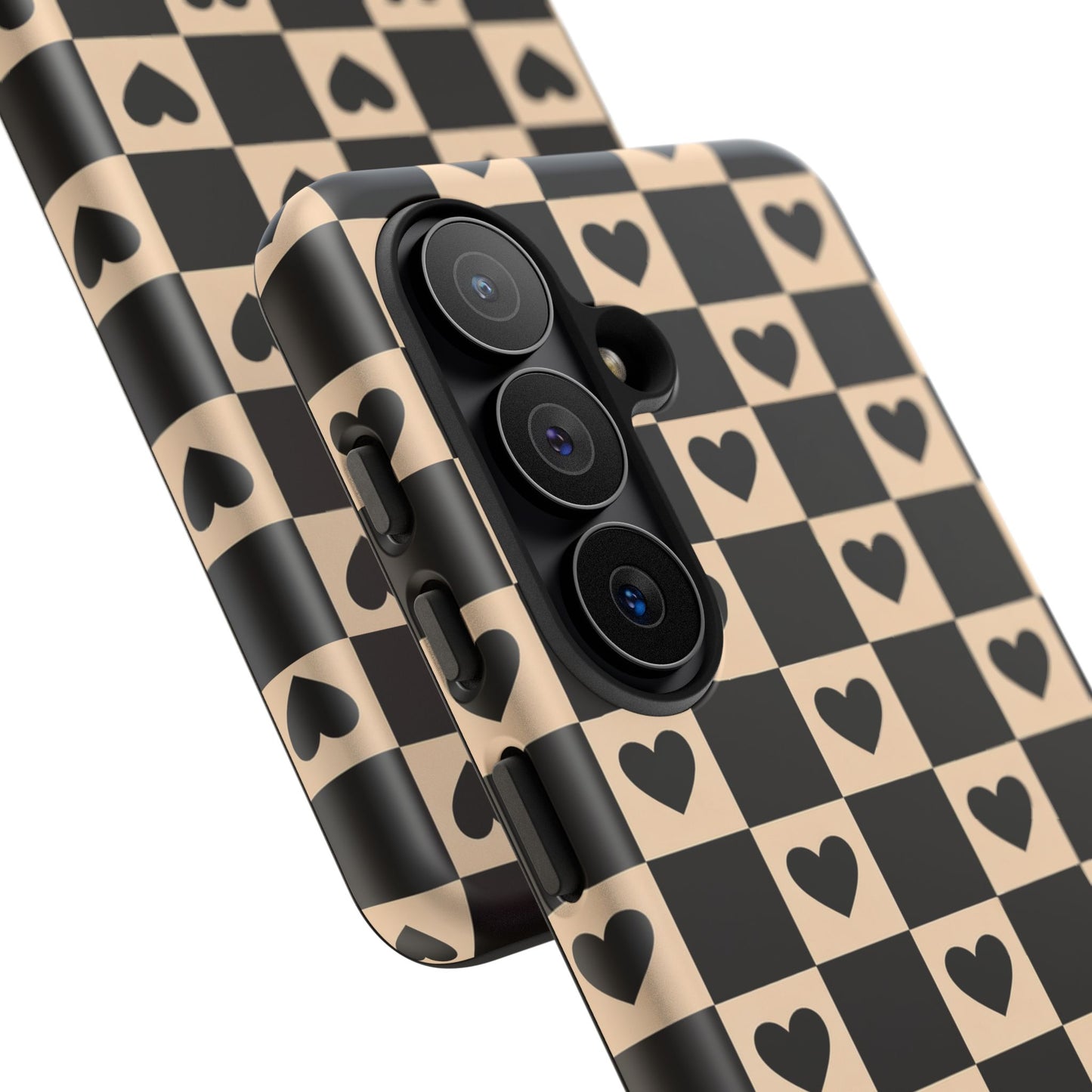 Checkerboard Heart Phone Case – Black & Beige Cute Aesthetic Protective Cover for Iphone, Samsung Galaxy and Pixel