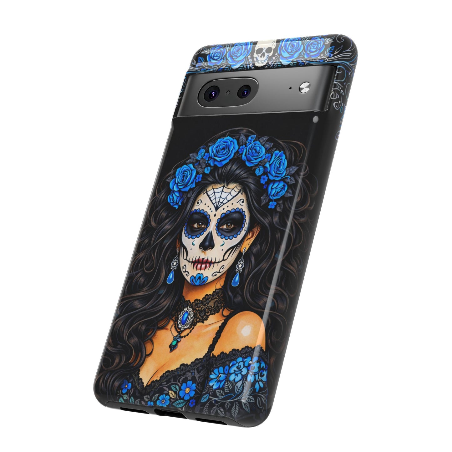 Blue Sugar Skull Woman Phone Case – Day of the Dead Aesthetic Tough Cover