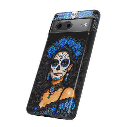 Blue Sugar Skull Woman Phone Case – Day of the Dead Aesthetic Tough Cover