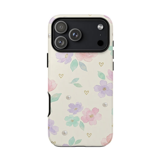 Pastel Floral Phone Case – Coquette Watercolor Flower Hearts Tough Case (iPhone, Samsung, Pixel)