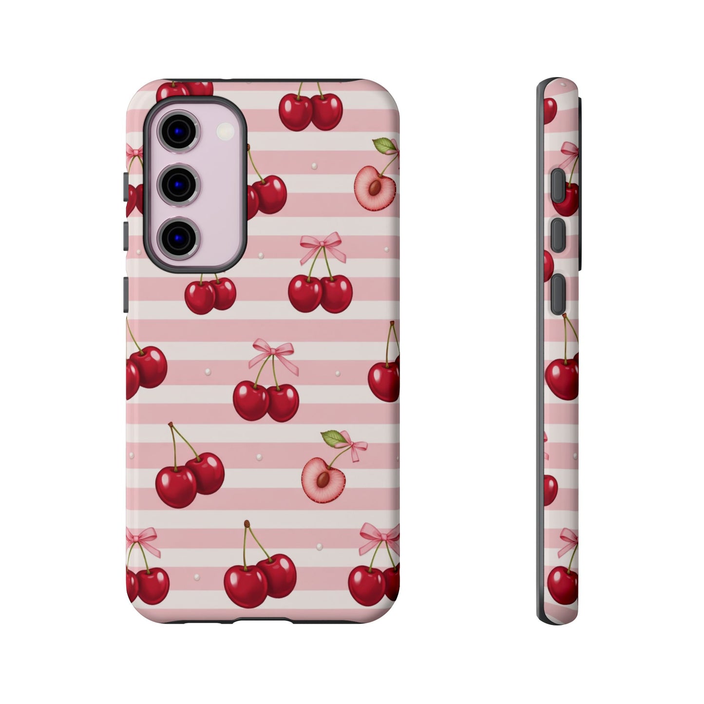 Coquette Cherry Bow Phone Case | Cute Pink Aesthetic Cherry Pattern Tough Case for iPhone & Samsung