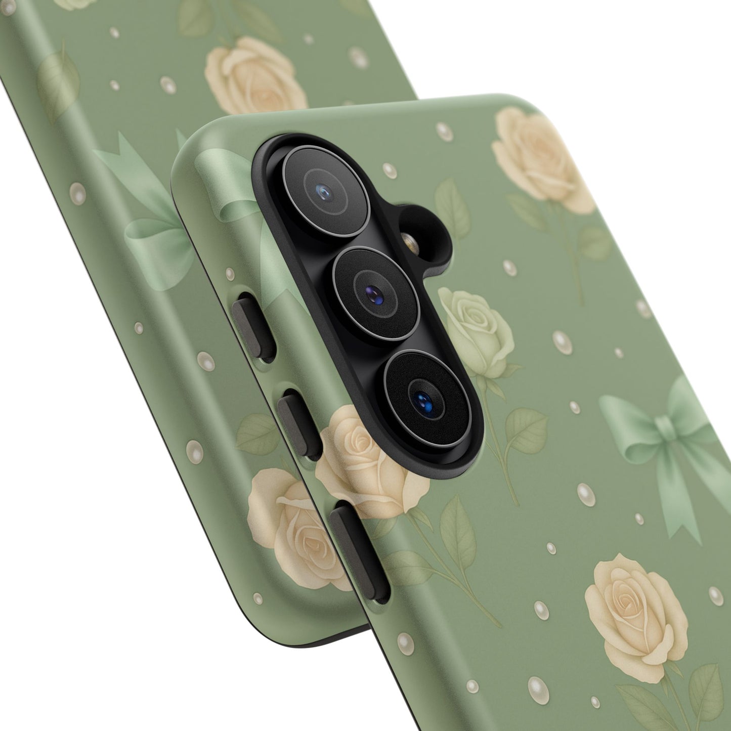 Vintage Rose Bow Phone Case – Sage Green Floral Coquette Aesthetic Tough Case (iPhone, Samsung, Pixel)