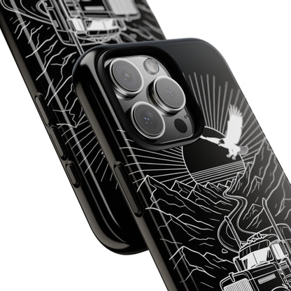 Trucker Highway Phone Case | Eagle & Mountain Line Art | Black Western Tough Case