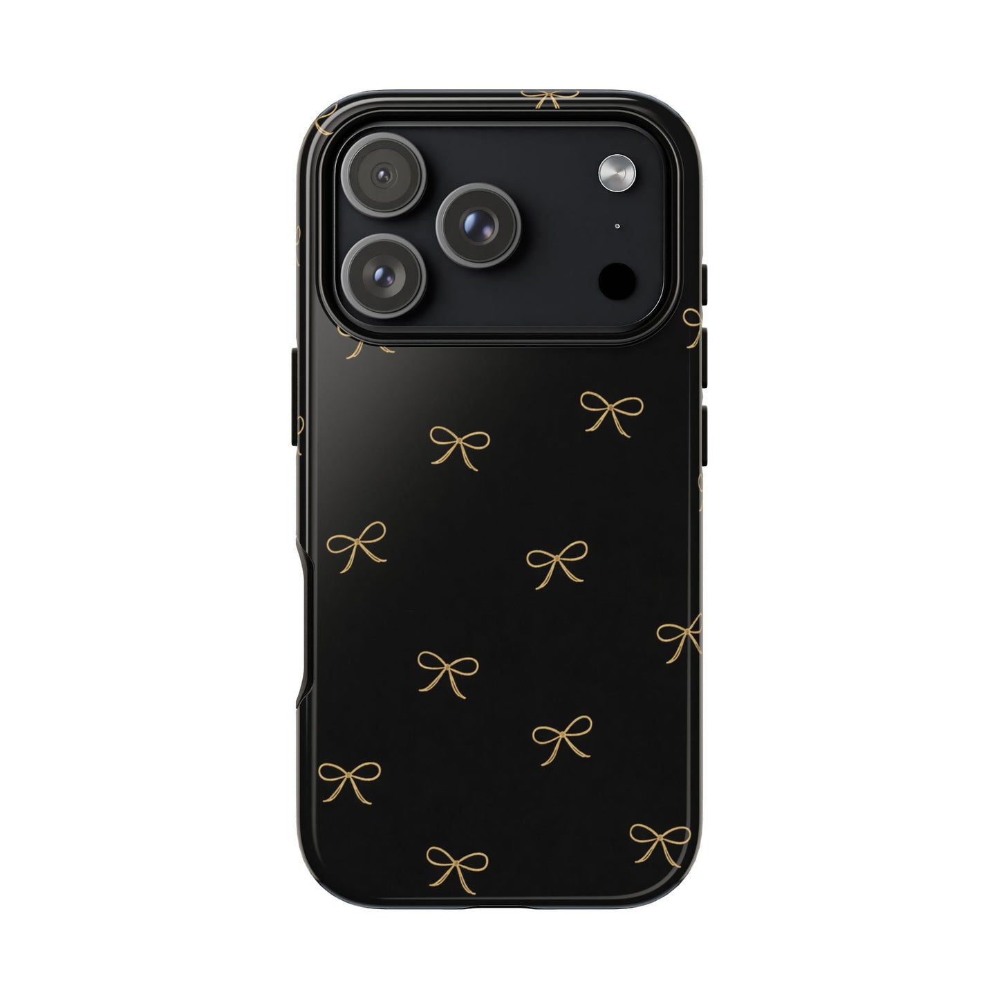 Black Phone Case with Gold Bow Pattern – Slim Protective Cute Aesthetic Cover for Iphone, Samsung Galaxy and Pixel