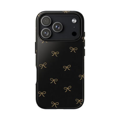 Black Phone Case with Gold Bow Pattern – Slim Protective Cute Aesthetic Cover for Iphone, Samsung Galaxy and Pixel
