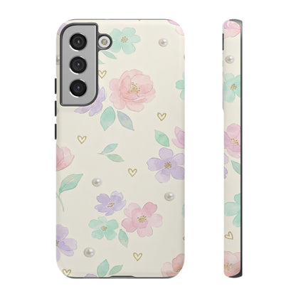 Pastel Floral Phone Case – Coquette Watercolor Flower Hearts Tough Case (iPhone, Samsung, Pixel)