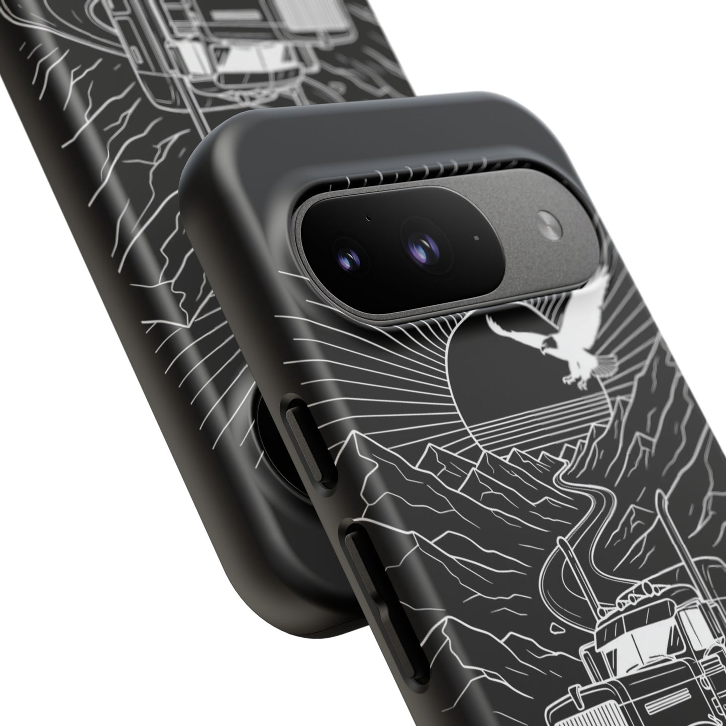 Trucker Highway Phone Case | Eagle & Mountain Line Art | Black Western Tough Case