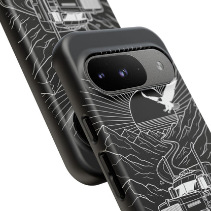 Trucker Highway Phone Case | Eagle & Mountain Line Art | Black Western Tough Case