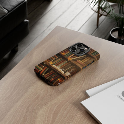Cozy Vintage Bookshelf Phone Case, Library Aesthetic Book Stack, Autumn Coffee Vibes (iPhone, Samsung, Pixel)