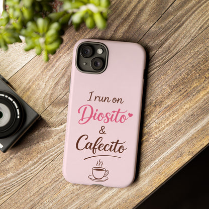 I Run on Diosito y Cafecito Phone Case, Pink Aesthetic Latina Faith Coffee Case, Girly Protective iPhone Samsung Cover