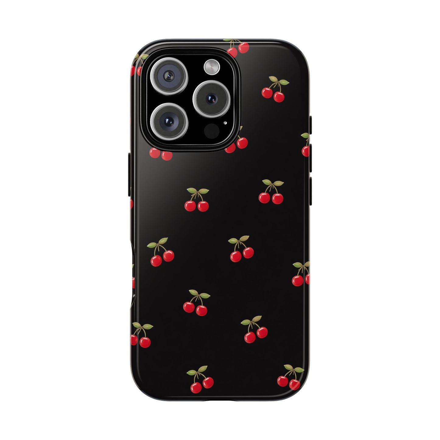 Cherry Pattern Phone Case — Slim Black Protective iPhone Case with Red Cherries for Iphone, Samsung Galaxy and Pixel