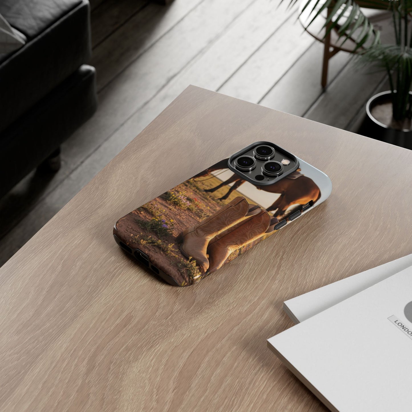 Western Cowboy Boots Phone Case – Rustic Horse Sunset Tough Case (iPhone, Samsung, Pixel)