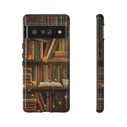 Cozy Vintage Bookshelf Phone Case, Library Aesthetic Book Stack, Autumn Coffee Vibes (iPhone, Samsung, Pixel)