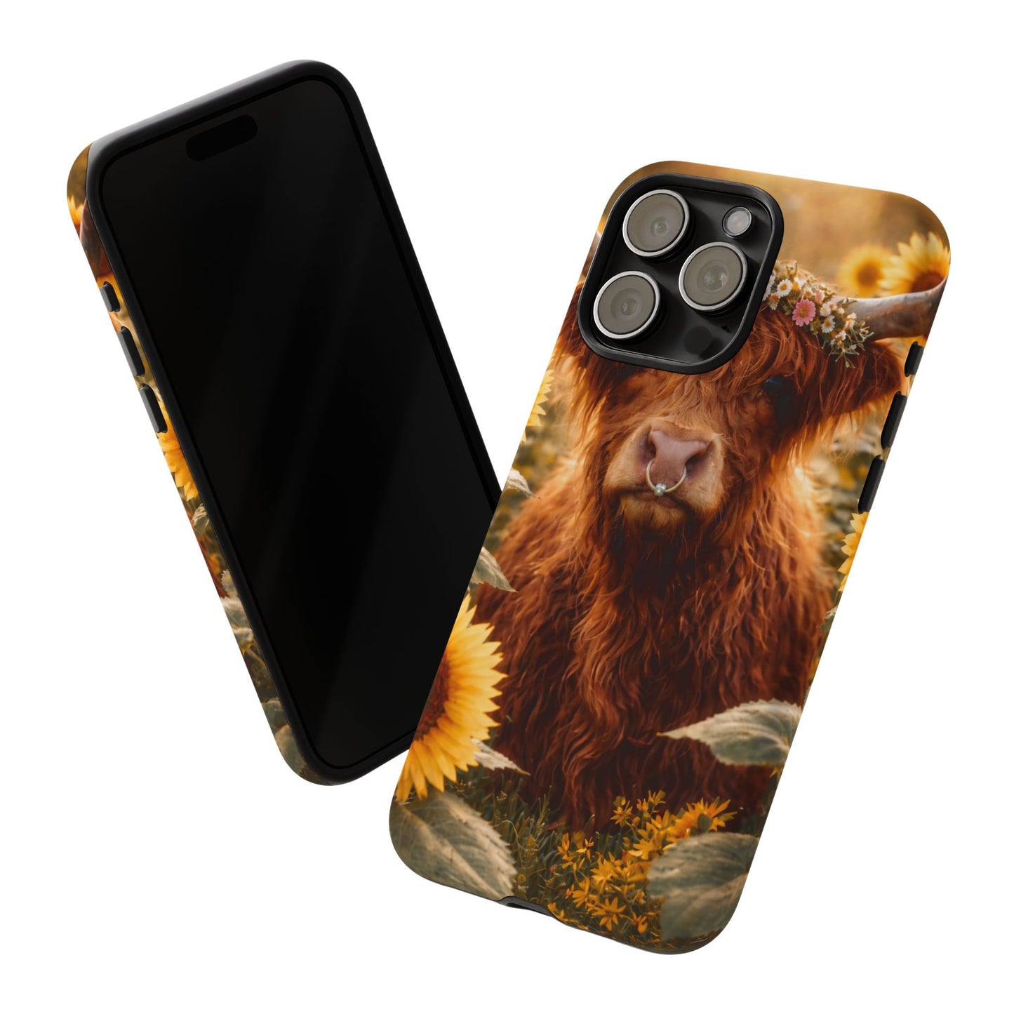 Highland Cow Sunflower Phone Case | Floral Farmhouse iPhone, Samsung Galaxy and Pixel Cover