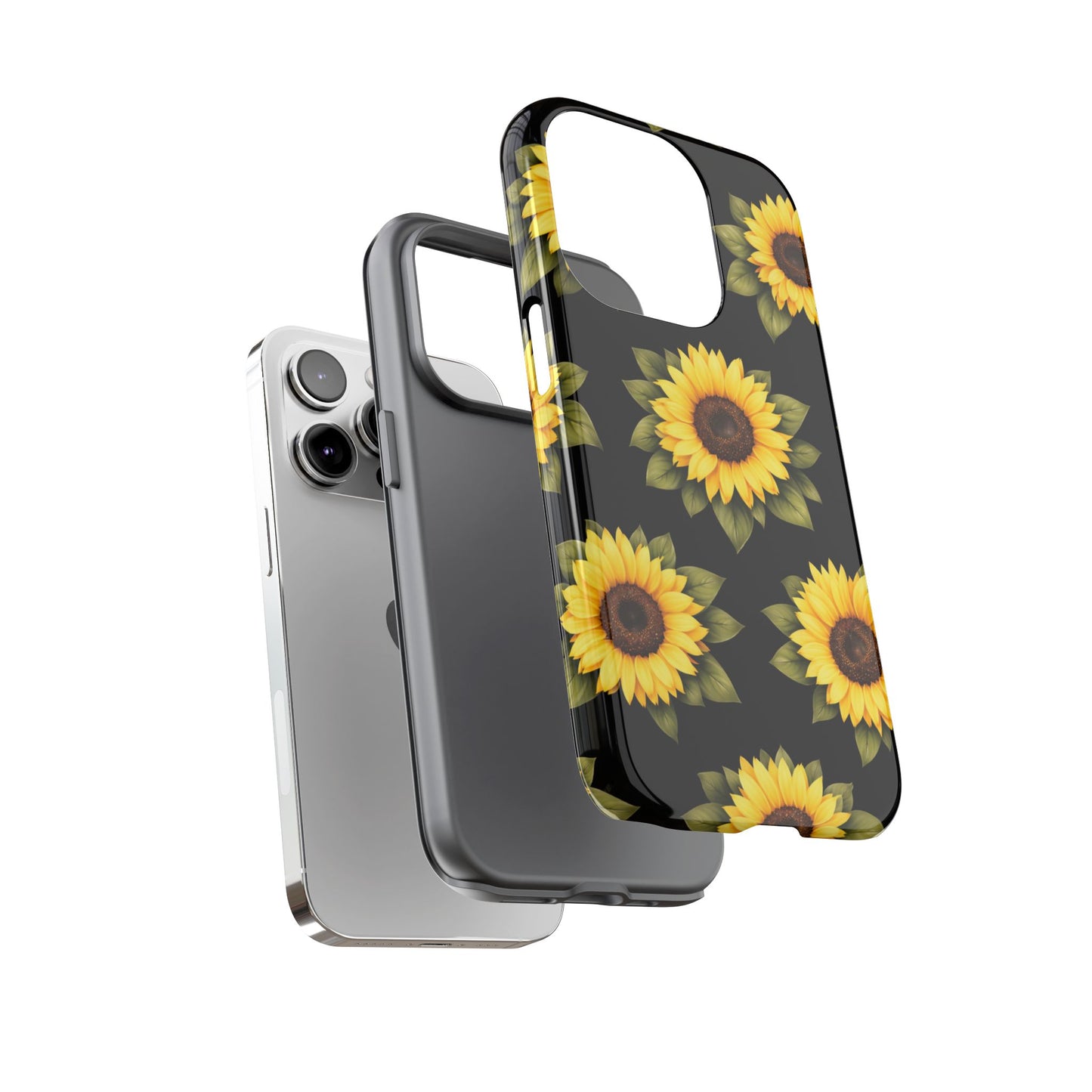 Sunflower Floral Tough Phone Case – Black Background Protective Cover for Iphone, Samsung Galaxy and Pixel