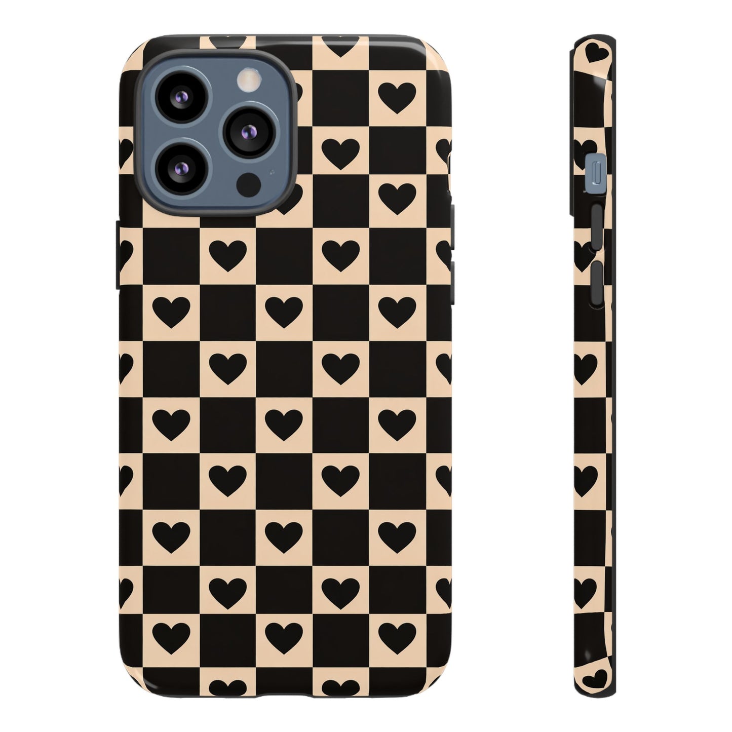 Checkerboard Heart Phone Case – Black & Beige Cute Aesthetic Protective Cover for Iphone, Samsung Galaxy and Pixel