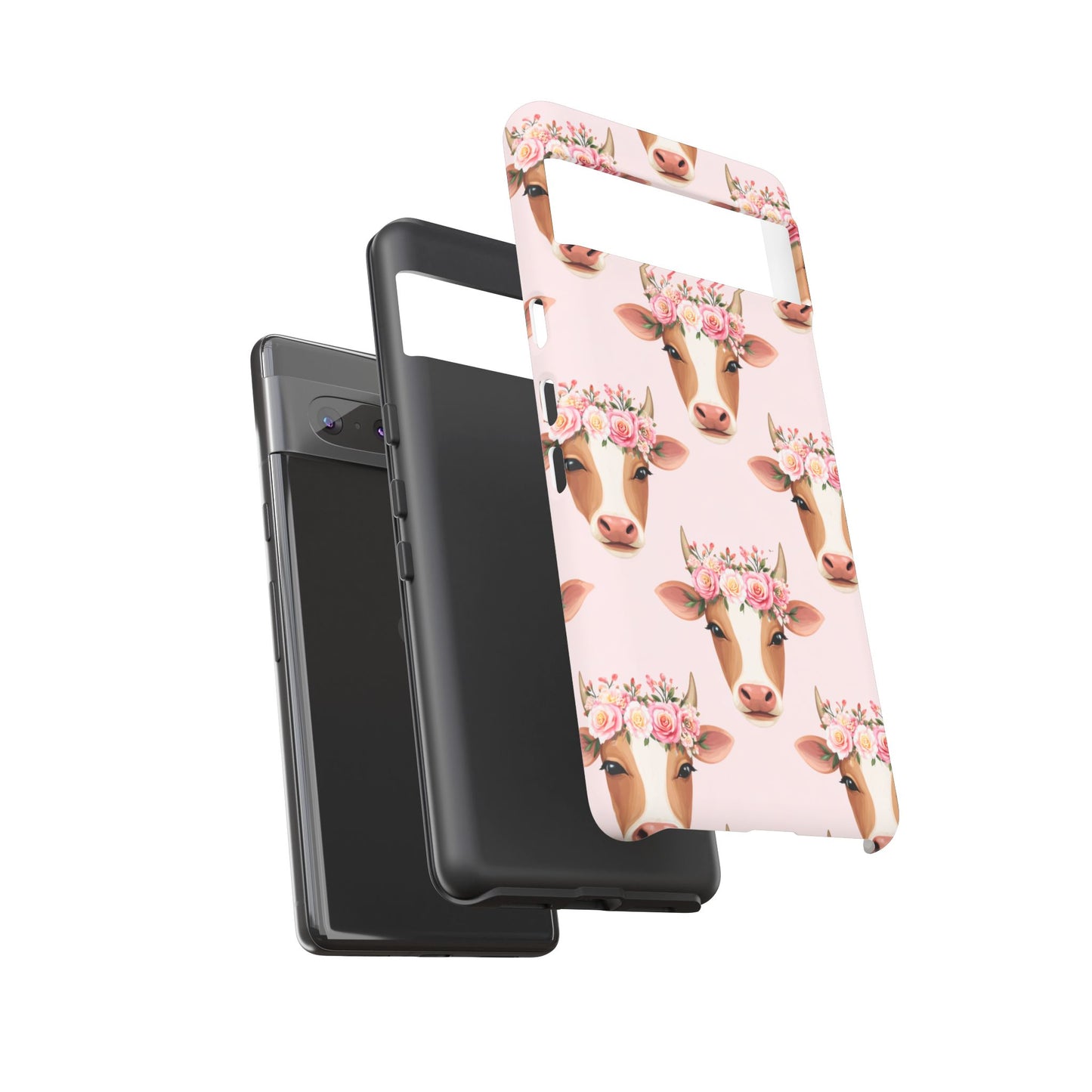 Floral Cow Phone Case – Cute Pink Cow Print Tough Protective Case for Iphone, Samsung Galaxy and Pixel
