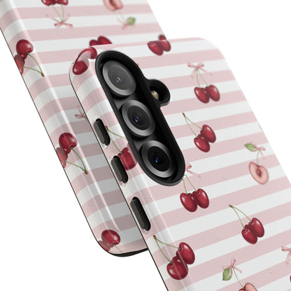 Pink Cherry Stripe Phone Case | Cute Coquette Aesthetic Protective Tough Case