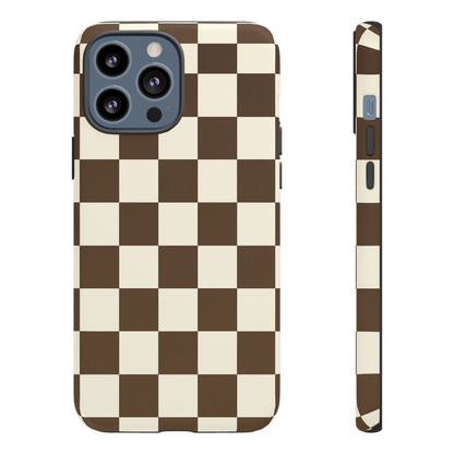 Mocha Checkerboard Phone Case | Neutral Aesthetic Checkered iPhone & Samsung Tough Case