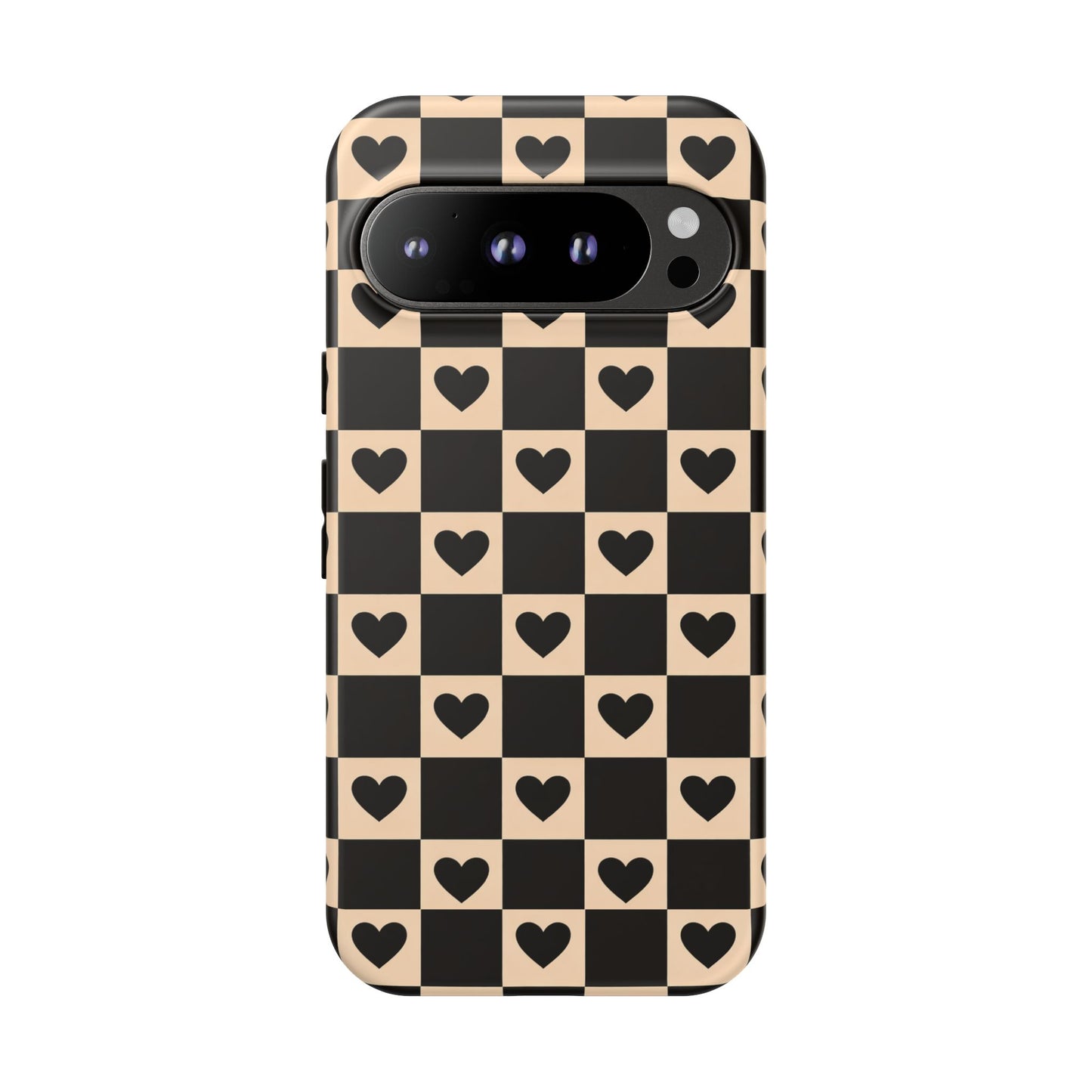 Checkerboard Heart Phone Case – Black & Beige Cute Aesthetic Protective Cover for Iphone, Samsung Galaxy and Pixel