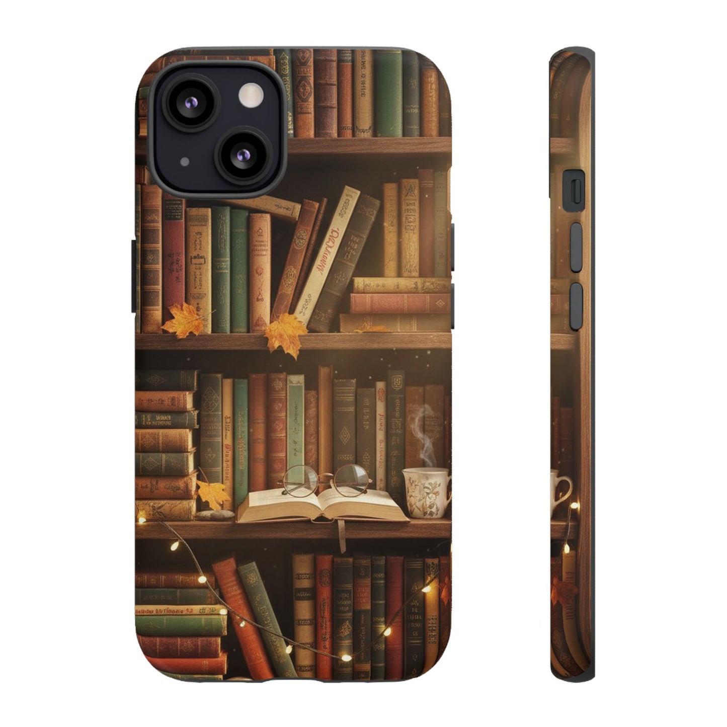 Cozy Vintage Bookshelf Phone Case, Library Aesthetic Book Stack, Autumn Coffee Vibes (iPhone, Samsung, Pixel)