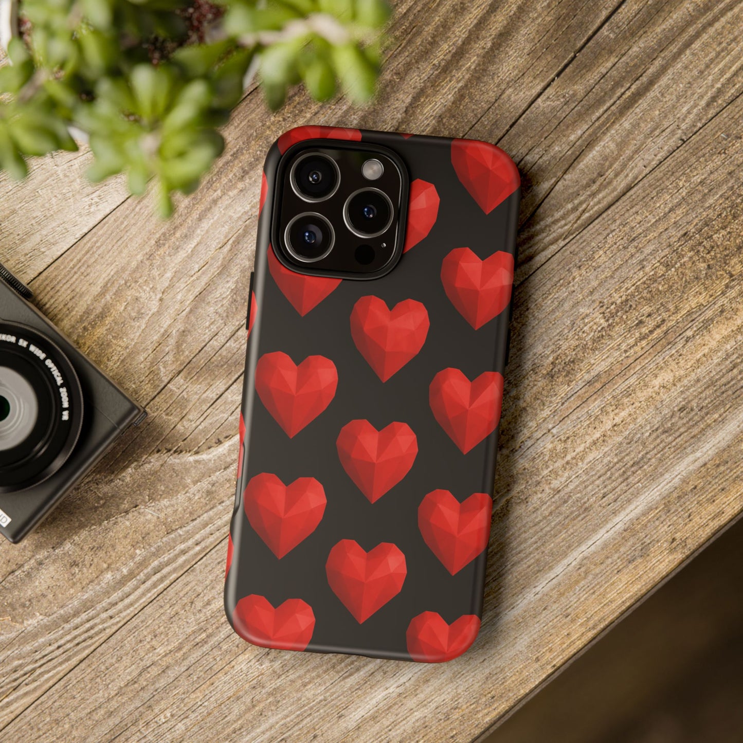 Red Heart Phone Case – Geometric Heart Pattern Tough Case (Black)