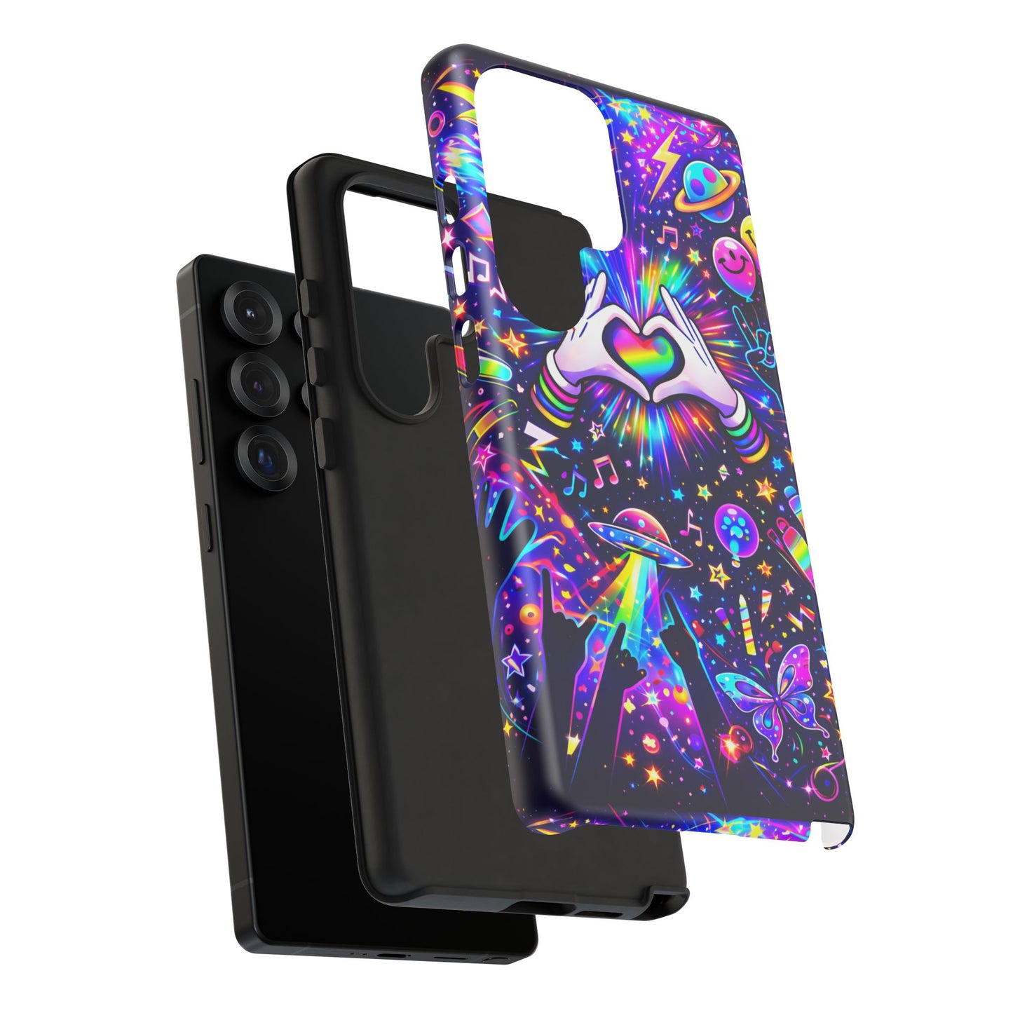 Rainbow Heart Hands Phone Case – Neon Galaxy EDM Festival Tough Cover