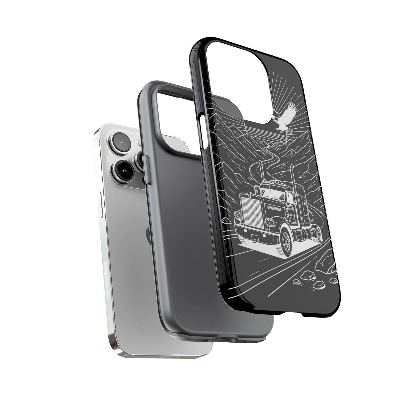 Trucker Highway Phone Case | Eagle & Mountain Line Art | Black Western Tough Case